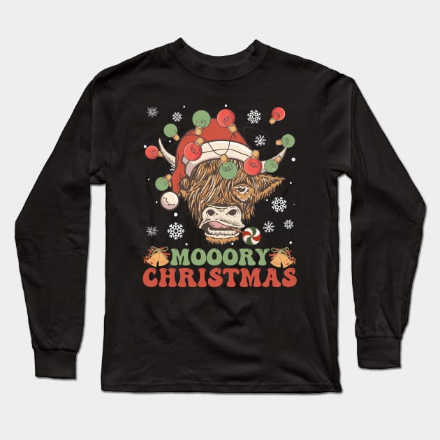 Scottish Highland Cow With Santa Hat Funny Moory Christmas Long Sleeve T-Shirt by DenverSlade